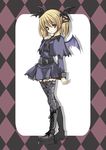  bat_wings belt blonde_hair blue_eyes boots buckle casper_(deathsmiles) deathsmiles dress gothic gothic_lolita head_wings legs lolita_fashion platform_footwear print_legwear purple_skirt short_dress skirt solo thighhighs twintails wings yukiwo zettai_ryouiki 