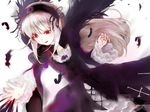  :d black_dress black_wings comic cross-laced_clothes dress feathered_wings feathers frilled_sleeves frills hairband lolita_hairband long_sleeves narumi_(uminari) open_mouth pale_skin red_eyes rozen_maiden silent_comic simple_background smile solo suigintou white_background wings 