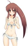  bikini blush brown_hair cowboy_shot little_busters! long_hair looking_at_viewer masayu natsume_rin navel oversized_clothes ponytail side-tie_bikini simple_background solo swimsuit very_long_hair white_background white_bikini 