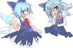  :d ;d artist_request blue_dress blue_eyes blue_hair blush bow bowtie breath cirno crystal dress ice ice_wings looking_at_viewer one_eye_closed open_mouth red_bow red_neckwear simple_background smile touhou white_background wings 