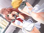  :o apron ass back bangs blonde_hair blush breast_press breasts covered_nipples curtains dutch_angle embarrassed eye_contact from_behind game_cg green_eyes hadaka_apron_gakuen hair_between_eyes hair_ribbon high_ponytail kazuma_muramasa large_breasts long_hair looking_at_another multiple_girls naked_apron necktie pink_hair ponytail ribbon school_uniform serafuku shiny shiny_hair shirt short_hair sidelocks standing sweatdrop takahashi_tomoko_(hadaka_apron_gakuen) taut_clothes taut_shirt wind window wristband yuri 