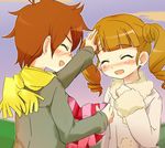  1girl :d ^_^ ^o^ blush closed_eyes couple from_behind fur_trim hetero ixy kogure_kakeru long_sleeves onegai_my_melody open_mouth orange_hair petting scarf smile upper_body yellow_scarf yumeno_uta 