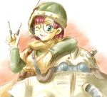  blue_eyes chrono_trigger helmet lowres lucca_ashtear one_eye_closed purple_hair robo short_hair tools 