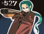  :d aiming black_background blue_background blue_eyes breasts cowboy_shot directional_arrow double-barreled_shotgun double_barrels foreshortening from_side glasses gloves green_hair gun happy holding holding_gun holding_weapon long_hair long_sleeves looking_to_the_side medium_breasts number open_clothes open_mouth outline ponytail rectangular_eyewear ryman sawed-off_shotgun saya_no_uta shotgun sidelocks simple_background slit_pupils smile solo tanbo_ryouko trench_coat two-tone_background very_long_hair weapon zipper 