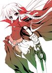  belt buckle cape fate_testarossa gradient holding holding_sword holding_weapon long_hair looking_at_viewer lyrical_nanoha mahou_shoujo_lyrical_nanoha monochrome red red_eyes silver_hair simple_background solo standing sword teruui weapon white_background 