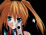  aiming_at_viewer black_background blue_eyes cross_mirage gun holding holding_gun holding_weapon looking_at_viewer lyrical_nanoha mahou_shoujo_lyrical_nanoha_strikers orange_hair solo teana_lanster twintails weapon yokoyama_kouji 