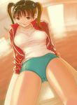  breasts brown_eyes brown_hair copyright_request gym_uniform highres jacket kobayashi_yuuji medium_breasts solo twintails 