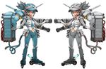  blue_eyes blue_hair grey_eyes grey_hair hat machinery mecha_musume multiple_girls necktie oomori_harusame open_mouth original outstretched_arms roller_skates skates smile spread_arms symmetry tube 
