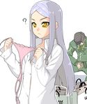  1girl ? bag bow bow_panties dress_shirt gundam gundam_00 holding holding_panties long_hair military military_uniform oekaki panties pink_panties sergei_smirnov shin'ya_(shin'yanchi) shirt side-tie_panties silver_hair soma_peries tears thong underwear uniform yellow_eyes 