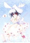  ai_takurou animal animal_ears barefoot bunny bunny_ears dress eighth_note inaba_tewi looking_at_viewer musical_note puffy_short_sleeves puffy_sleeves red_eyes short_sleeves silver_hair solo speech_bubble spoken_musical_note standing touhou white_dress 