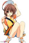  bag between_breasts breasts brown_hair hat jersey kusaka_souji mamoru_(sister_princess) nail_polish one_eye_closed raglan_sleeves red_eyes shoes short_hair shorts sister_princess sitting solo strap_cleavage 