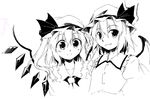  ascot bangs bow buttons collarbone eyebrows eyebrows_visible_through_hair flandre_scarlet frilled_shirt_collar frills greyscale hat hat_bow mob_cap monochrome multiple_girls oekaki one_side_up puffy_short_sleeves puffy_sleeves remilia_scarlet shirt short_sleeves siblings sisters smile takoyaki_(takoyaki-batake) touhou wings 