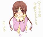  :o braid breath brown_hair hair_bobbles hair_ornament long_hair long_sleeves looking_at_viewer mizunomoto open_mouth original own_hands_together red_eyes scarf solo sweater twin_braids very_long_hair yellow_scarf 