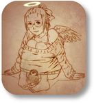  aaru_sentou_shuudan barefoot bird bow brown glasses haibane_renmei hair_bow halo hikari_(haibane_renmei) long_hair monochrome penguin rounded_corners sitting solo sweater wings 