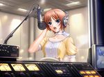  blue_eyes blush book brown_hair choker fingernails flat_chest game_cg hand_on_head headphones lipstick long_fingernails makeup microphone microphone_stand misaki_renka monitor music nail_polish open_mouth pink_nails pop_filter recording_studio reflection sano_toshihide shichinin_no_online_gamers short_hair singing solo studio studio_microphone window 