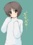  androgynous bad_id bad_pixiv_id blush brown_eyes brown_hair little_busters! male_focus masayu naoe_riki ribbed_sweater simple_background solo sweater translation_request 