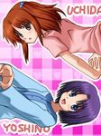  :d :o awa blue_eyes blush brown_hair character_name checkered checkered_background long_sleeves looking_at_viewer lowres minami-ke multiple_girls open_mouth parted_lips purple_hair shirt short_hair short_sleeves smile sweater t-shirt tareme uchida_yuka yoshino_(minami-ke) 