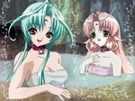  collar dears green_eyes green_hair highres long_hair miu multiple_girls onsen peach-pit pink_hair red_eyes ren_(dears) wallpaper 