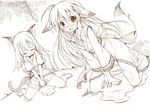  animal_ears artist_request blush brown copyright_request dutch_angle japanese_clothes kimono kneeling monochrome multiple_girls pee peeing peeing_self sitting tail wariza 