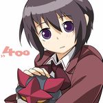  bamboo_blade black_hair blush bow bowtie collar eyebrows_visible_through_hair holding kawazoe_tamaki long_sleeves looking_at_viewer machinery purple_eyes red_bow red_neckwear robot ryman simple_background solo upper_body white_background 