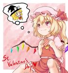  ascot blonde_hair box clenched_hands collar crystal demon_wings dress english flandre_scarlet happy_valentine heart-shaped_box kirisame_marisa multiple_girls myonde puffy_short_sleeves puffy_sleeves red_dress short_sleeves sitting text_focus thought_bubble touhou valentine wings yuri 