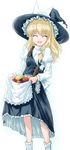  ^_^ apple apron asymmetrical_clothes bangs berries black_hat black_skirt black_vest blonde_hair bow breasts closed_eyes eyebrows_visible_through_hair facing_viewer feet_out_of_frame food frilled_apron frilled_hat frilled_skirt frills fruit grapes hair_bow hair_ribbon happy hat hat_bow juliet_sleeves kirisame_marisa laughing long_hair long_sleeves orange puffy_sleeves ribbon shirt skirt skirt_basket skirt_hold skirt_set small_breasts smile socks solo standing touhou tress_ribbon tsuyadashi_shuuji turtleneck vest waist_apron white_apron white_background white_bow white_legwear white_shirt witch_hat 