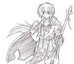  :o blush breastplate cape cowboy_shot gloves greyscale holding holding_weapon jikai lance lyrical_nanoha mahou_shoujo_lyrical_nanoha male_focus monochrome parted_lips polearm simple_background solo spear standing weapon white_background yuuno_scrya 