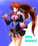  ahoge animal animal_on_shoulder baseball_bat bow bowtie cat cat_on_shoulder green_skirt little_busters! long_sleeves looking_at_viewer miniskirt natsume_rin pink_bow pink_neckwear plaid plaid_skirt pleated_skirt ponytail red_eyes red_hair sado sidelocks skirt solo standing 