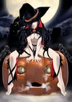  1girl barefoot breasts cape cleavage commentary_request feet goth_fashion halloween hat jack-o'-lantern large_breasts long_legs mitarashi_kousei naked_cape navel original pumpkin solo tiptoes toes witch_hat 