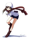  :d arms_behind_back beanie blue_eyes boots breasts brown_hair fringe_trim full_body hair_between_eyes hat large_breasts leaning_forward long_hair long_sleeves looking_at_viewer miniskirt open_mouth original oyu pencil_skirt puffy_short_sleeves puffy_sleeves red_scarf scarf shade short_over_long_sleeves short_sleeves simple_background skirt smile solo standing standing_on_one_leg v-neck white_background winter_clothes 