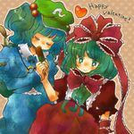  cucumber front_ponytail hair_bobbles hair_ornament happy_valentine kagiyama_hina kawashiro_nitori korona multiple_girls touhou two_side_up valentine 