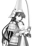  armor armored_dress cowboy_shot face greyscale holding holding_sword holding_weapon looking_away monochrome rance_(series) sengoku_rance solo sword uesugi_kenshin_(rance) weapon yamaguchi_homupe 