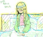  artist_request bed bed_sheet blanket blush closed_eyes closed_mouth gundam gundam_00 headband long_sleeves louise_halevy on_bed pillow sitting sleeves_past_wrists smile solo upper_body 