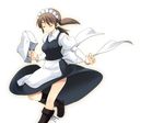  apron bag bare_legs blush brown_hair closed_eyes frills holding juliet_sleeves leg_up long_sleeves maid maid_headdress mori_sonou outstretched_arm puffy_sleeves shopping_bag short_hair solo standing standing_on_one_leg suzumiya_haruhi_no_yuuutsu thighs twintails waist_apron yuuji 