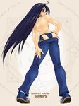  ass bikini_jeans black_hair breasts butt_crack choker contrapposto dagger denim earrings from_behind hand_on_hip jeans jewelry long_hair looking_back lowleg lowleg_pants medium_breasts meme_attire non-web_source original pants purple_eyes ranbu_hararin shoes sideboob sneakers socks solo standing topless very_long_hair weapon 