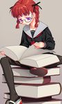  book book_focus braid flat_chest glasses hair_ribbon happy looking_down miyama_amehiko original pantyhose purple_eyes reading red_hair ribbon school_uniform serafuku shoe_dangle shoes simple_background sitting smile solo spread_legs twin_braids 