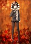  alternate_costume brown_legwear coat contemporary full_body geta hat itsutsu leaf leaf_print looking_away maple_leaf miniskirt open_mouth pantyhose pom_pom_(clothes) print_scarf scarf shameimaru_aya skirt solo standing tengu-geta tokin_hat touhou 