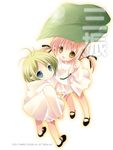  antenna_hair binzume_yousei blonde_hair blue_eyes brown_eyes dress from_above leaf_umbrella looking_at_viewer looking_up mary_janes multiple_girls pink_hair shoes short_hair simple_background standing tokumi_yuiko umbrella white_background white_dress 
