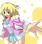  :d bare_shoulders bent_over blonde_hair brown_eyes detached_sleeves foreshortening gundam gundam_seed gundam_seed_destiny kurou_(yugato) long_sleeves looking_at_viewer open_mouth outstretched_arm short_hair smile solo stellar_loussier 