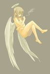  angel artist_request bangs barefoot blonde_hair cigarette copyright_request crossed_legs feet floating grey_background halo long_hair nude simple_background smoking solo white_wings wings 