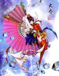  black_hair da_qiao fan fish folding_fan long_hair miniskirt oversized_object purple_eyes sangoku_musou sayo_tanku shin_sangoku_musou skirt solo thighhighs 