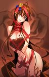  bdsm bondage bound breasts brown_eyes brown_hair chocolate chocolate_heart contrapposto curvy heart highres large_breasts long_hair naked_ribbon original ribbon ribbon_bondage sanbasou slender solo standing valentine very_long_hair 