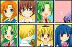  6+girls blonde_hair bow everyone furude_rika green_hair hanyuu higurashi_no_naku_koro_ni houjou_satoko houjou_satoshi maebara_keiichi multiple_boys multiple_girls pink_bow ryuuguu_rena siblings sisters sonozaki_mion sonozaki_shion suzunoya twins 