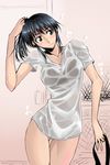  arm_up bangs basket black_bra black_eyes black_hair blush bottomless bra breasts collarbone cosaten cowboy_shot door grey_shirt head_tilt holding indoors medium_breasts ponytail school_rumble shiny shiny_skin shirt short_sleeves sketch solo standing suou_mikoto thigh_gap tying_hair underwear wet wet_clothes wet_shirt 