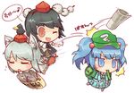  bunbunmaru chibi cucumber hair_bobbles hair_ornament inubashiri_momiji kawashiro_nitori multiple_girls newspaper shameimaru_aya taikou_denka touhou translated two_side_up 