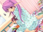 barefoot bed calendar_(object) candy dutch_angle elf feet food game_cg handheld_game_console looking_back manga_(object) mouth_hold onigirikun pajamas pastel_chime phil_ehart playing_games pocky pointy_ears print_pajamas purple_hair red_eyes sitting snack solo video_game wariza 