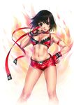  absurdres bare_shoulders black_hair breasts cleavage fingerless_gloves gloves goto_p hand_on_hip highres hinomoto_reiko medium_breasts mole mole_on_breast navel rumble_roses short_shorts shorts solo unzipped 