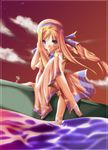  adjusting_hair alicia_florence aria bad_feet boat cloud long_hair maruru_(pati-poti) mizunashi_akari multiple_girls sky twilight uniform water watercraft 