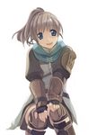  :d arm_guards armor belt blue_eyes brown_hair cowboy_shot final_fantasy final_fantasy_xi hands_on_own_knees hume leather looking_at_viewer open_mouth ranger scarf short_hair shoulder_pads simple_background sitting smile solo white_background 