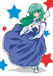  asymmetrical_hair blue_skirt blush detached_sleeves frog_hair_ornament full_body gohei green_eyes green_hair hair_ornament holding kochiya_sanae long_hair long_sleeves looking_at_viewer nibi simple_background skirt snake_hair_ornament solo standing star touhou white_background 